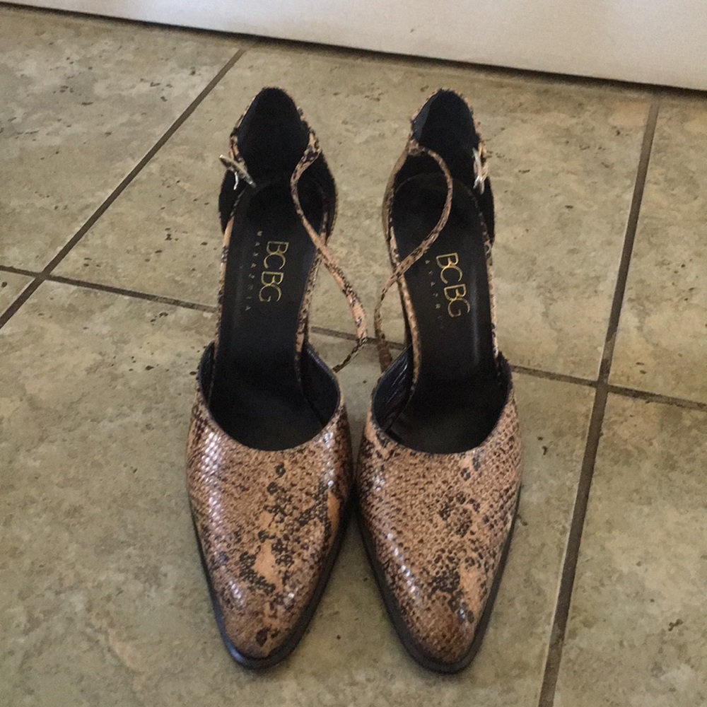 BCBG Snake Print Ankle Strap Heels